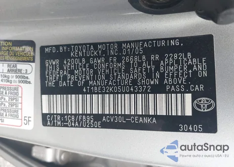 2005 Toyota Camry Le from USA, damaged, VIN 4T1BE32K05U043372